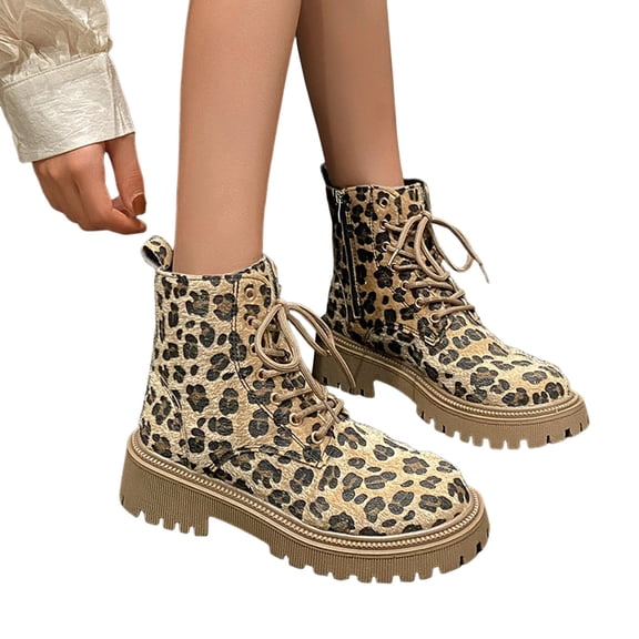 Mepaouo Women's Leopard Ankle Combat Boots Lace up Platform Thick Sole Winter Fall Hiking Shoes(Brown,7)