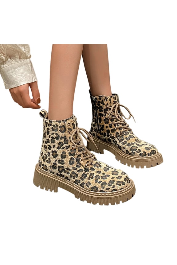 Women's Leopard Ankle Combat Boots Lace up Platform Thick Sole Winter Fall Hiking Shoes(Brown,8.5)