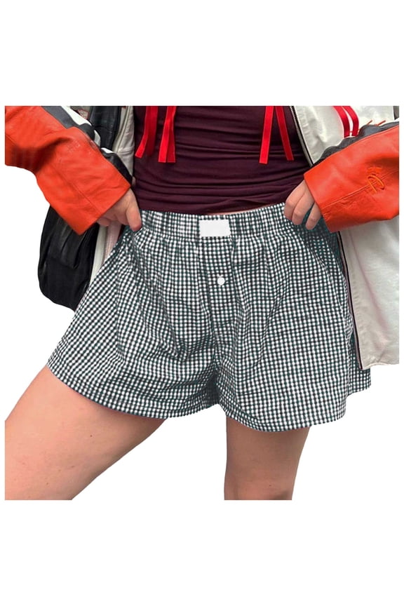 Women's Lounge Shorts Elastic Low Waist Plaid Pajama Bottoms Boxer Shorts Sleepwear Sizes S-XXL