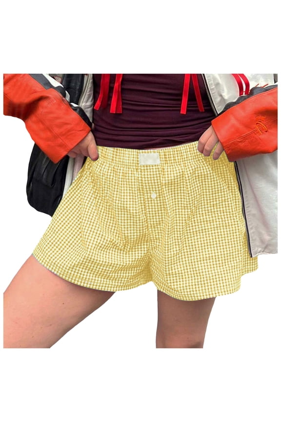 Women's Lounge Shorts Elastic Low Waist Plaid Pajama Bottoms Boxer Shorts Sleepwear Sizes S-XXL