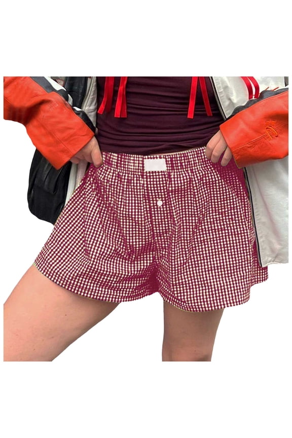 Women's Lounge Shorts Elastic Low Waist Plaid Pajama Bottoms Boxer Shorts Sleepwear Sizes S-XXL