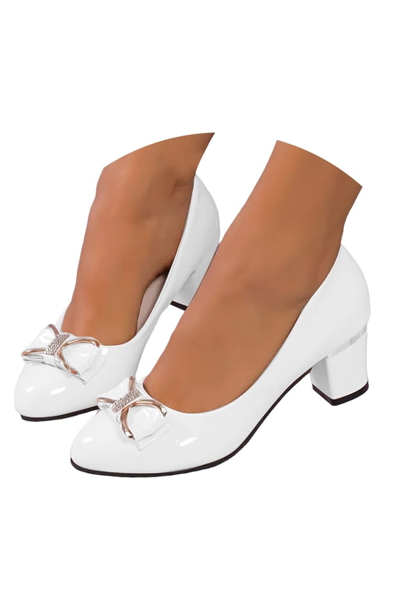 Mepaouo Women's Low Heels Work Pumps Round Toe Dress Wedding Shoes Comfortable Bow Slip on Loafers