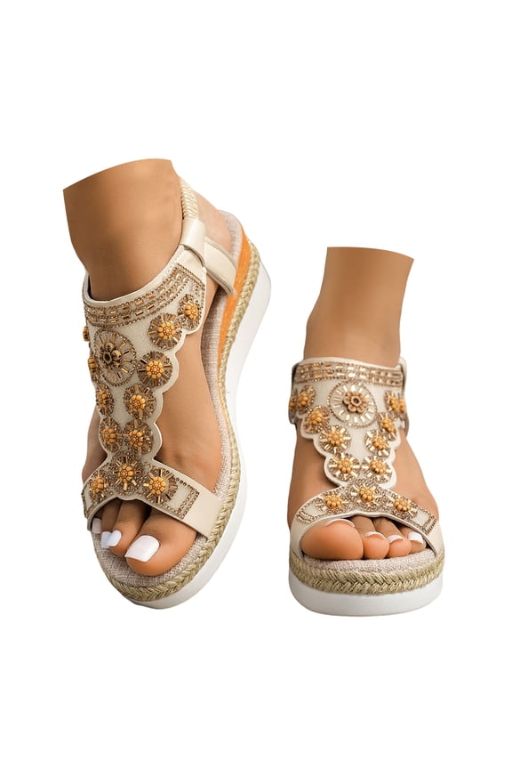 Women's Low Wedge Heels Summer Dressy Platform Sandals Elastic Ankle Strap Open Toe Flower Shoes