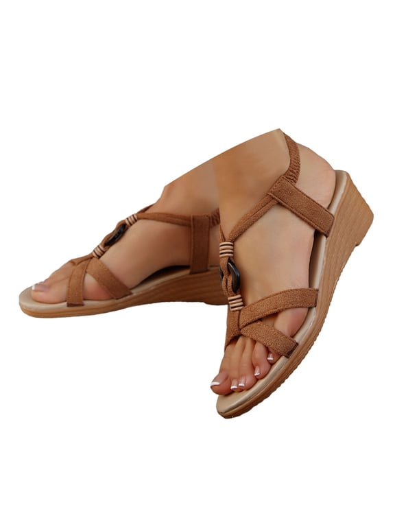 Women's Low Wedge Sandals Open Toe Summer Dress Flower Shoes Platform Bohemian Slides Brown 6.5