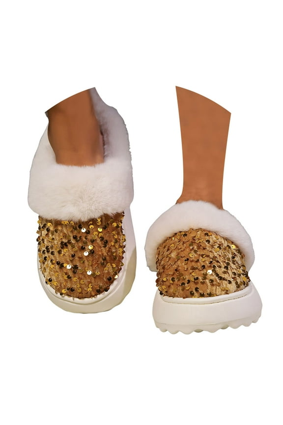 Women's Memory Foam Slippers Sequin Knitted Fuzzy House Shoes with Anti Slip Sole(Gold,6)