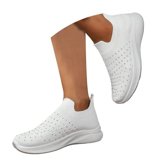 Mepaouo Women's Mesh Slip on Walking Shoes Fashion Rhinestone Spakle Glitter Sneakers(White,6)