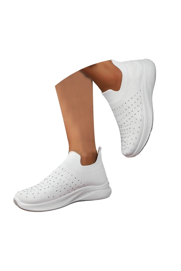 Women's Mesh Slip on Walking Shoes Fashion Rhinestone Spakle Glitter Sneakers(White,6)