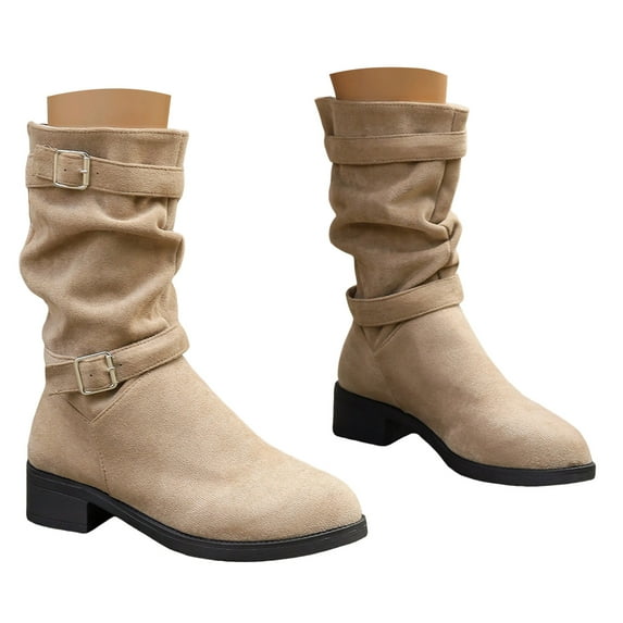 Mepaouo Women's Mid Calf Boots Comfort Slouchy Low Heel Booties Suede Motorcycle Riding Casual Shoes