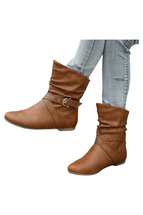 Women's Mid Calf Boots Fashion Slouch Flat Slip on Casual Comfy Riding Ankle Booties