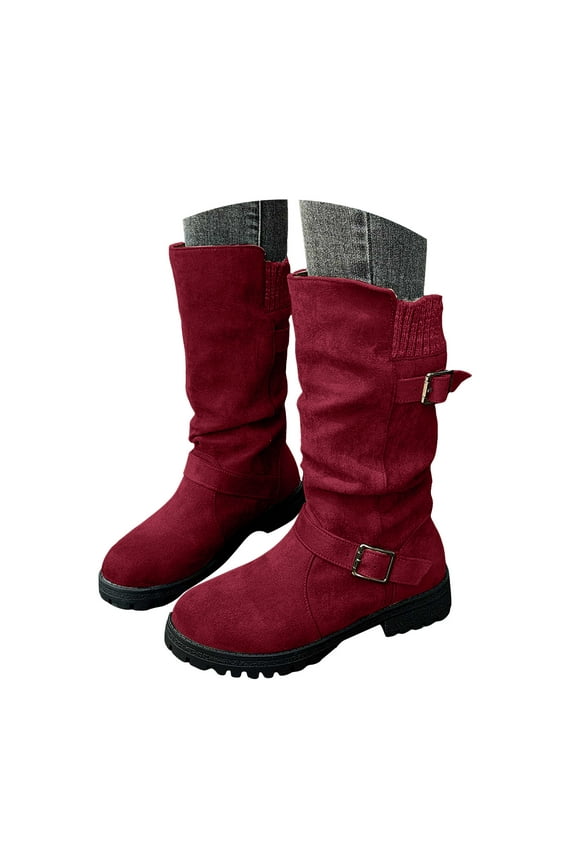 Women's Mid Calf Boots Low Heel Buckle Western Riding Boot Motorcycle Biker Dress Booties