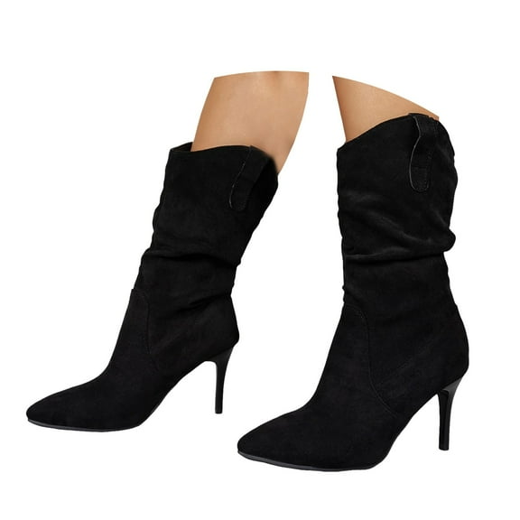 Mepaouo Women's Mid Calf Slouchy Boots Pointed Toe Stiletto High Heeled Winter Dressy Boots(Black,5.5)