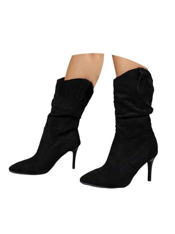 Women's Mid Calf Slouchy Boots Pointed Toe Stiletto High Heeled Winter Dressy Boots(Black,7)