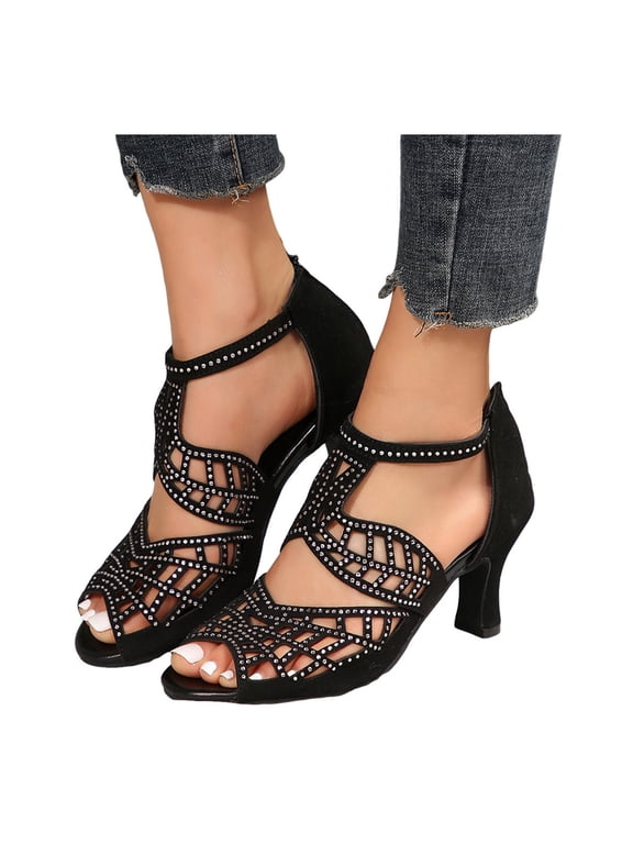 Women's Open Toe Dance Shoes Rhinestone Salsa Ballroom Latin Dancing Pumps Summer Heel Sandals