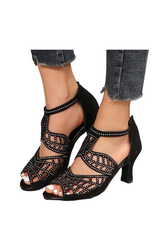 Women's Open Toe Dance Shoes Rhinestone Salsa Ballroom Latin Dancing Pumps Summer Heel Sandals