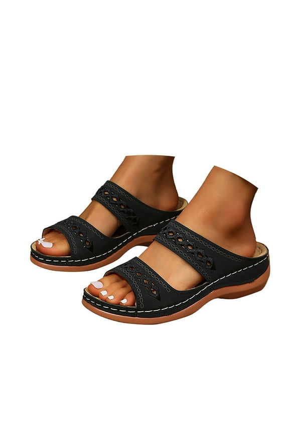 Women's Orthopedic Wedge Sandals Arch Support Summer Beach Slides Comfortable Slip on Sandal Black