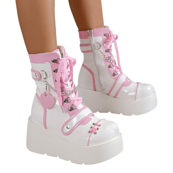 Mepaouo Women's Platform Boots Thick Wedges Lace up Goth Bold Fashion Combat Ankle Booties(Red,6.5)