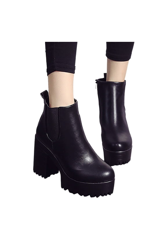 Women's Platform Chelsea Ankle Boots Lug Sole Side Zipper Dress Short Sock Booties(Black,7.5)