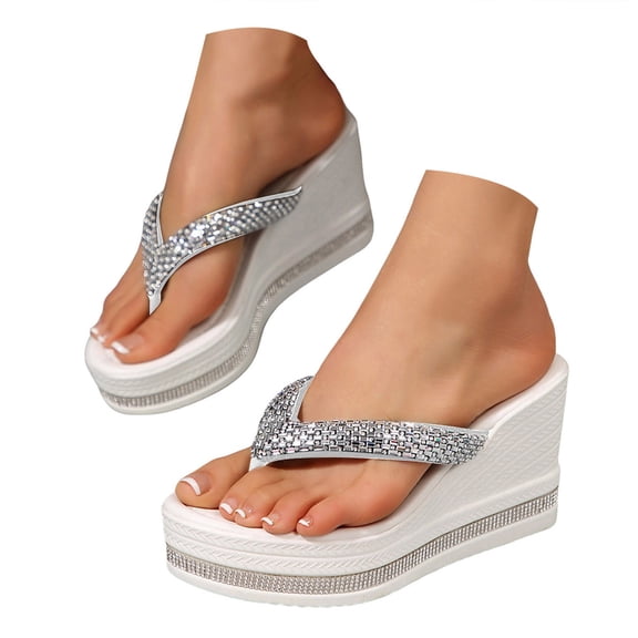 Mepaouo Women's Platform Flip Flop Arch Support Wedge Summer Thong Sandals Rhinestone Slide Slippers