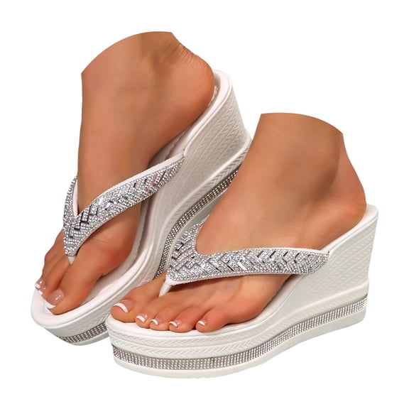 Mepaouo Women's Platform Flip Flop Arch Support Wedge Summer Thong Sandals Rhinestone Slide Slippers