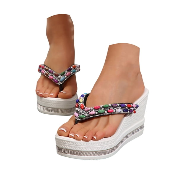 Mepaouo Women's Platform Flip Flop Arch Support Wedge Summer Thong Sandals Rhinestone Slide Slippers