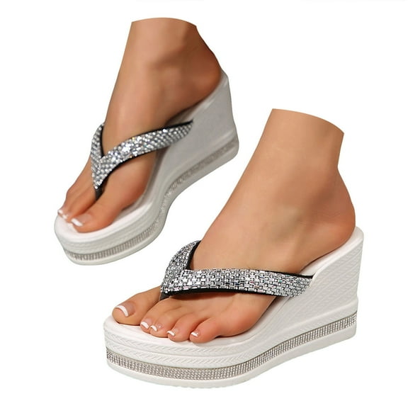 Mepaouo Women's Platform Flip Flop Arch Support Wedge Summer Thong Sandals Rhinestone Slide Slippers