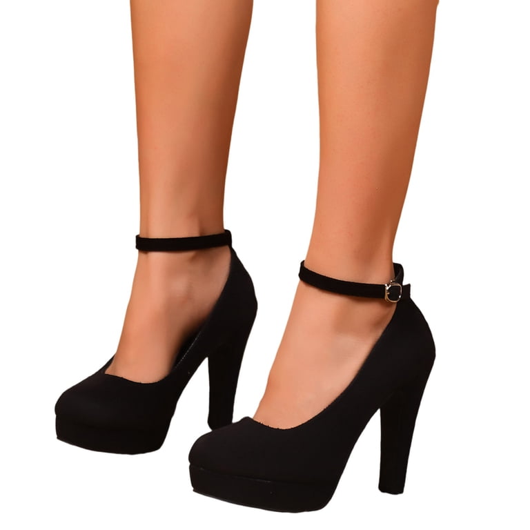 Closed Toe Ankle Strap High Heels Black Satin Closed Toe Platform Shoe