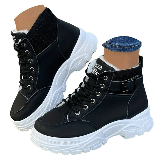 Mepaouo Women's Platform High Top Sneakers Arch Support Ankle Boots Fleece Lined Winter Walking Running Shoes