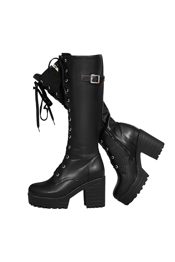 Women's Platform Knee High Boots High Heel Lace up Riding Combat Dress Boots(Black,8.5)