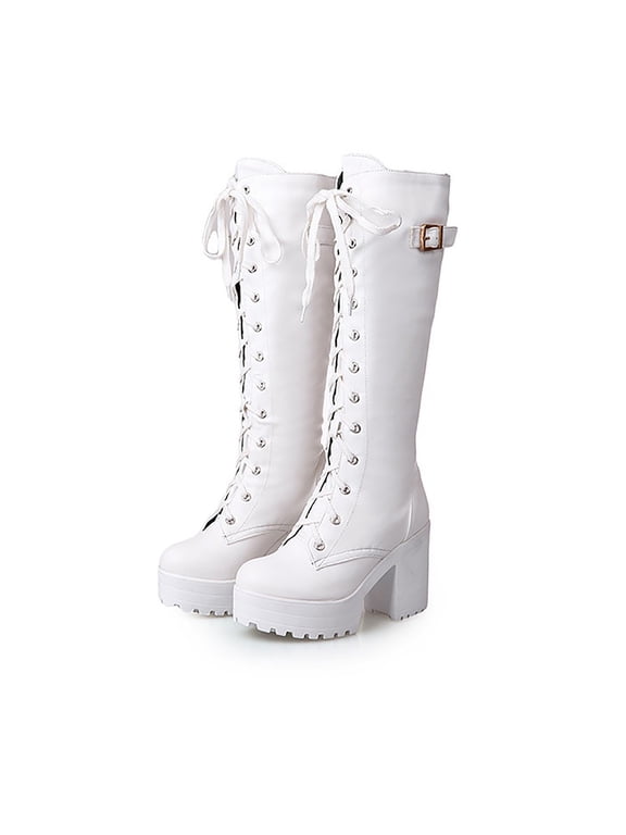 Women's Platform Knee High Boots High Heel Lace up Riding Combat Dress Boots(White,6)