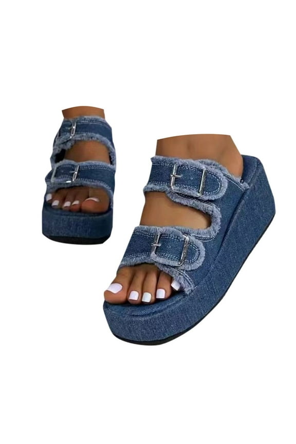 Women's Platform Sandals Cork Footbed Slides Comfort Summer Slip on Clogs with Double Buckles