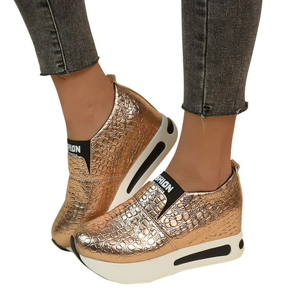 Mepaouo Women's Platform Slip on Shoes Sparkle Sequin Walking Running Work Wedge Sneakers(Gold,6.5)