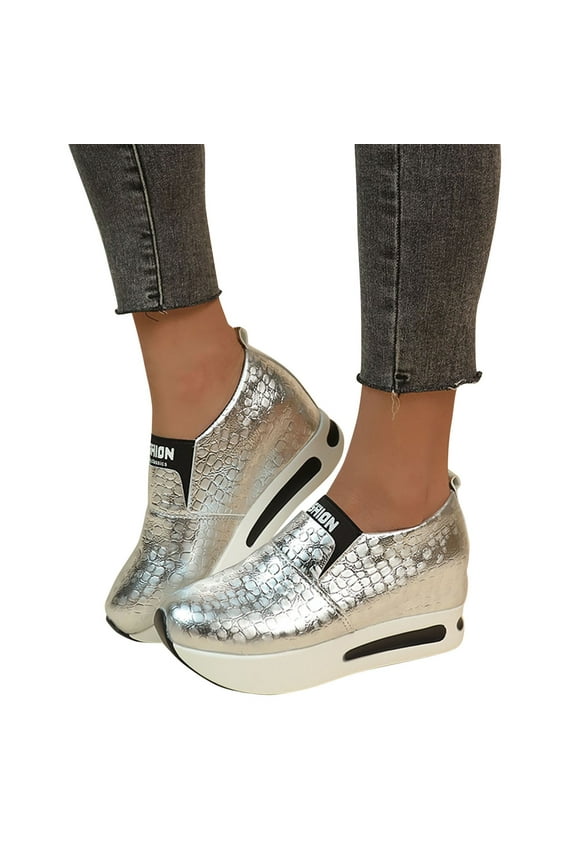 Women's Platform Slip on Shoes Sparkle Sequin Walking Running Work Wedge Sneakers(Silver,7.5)