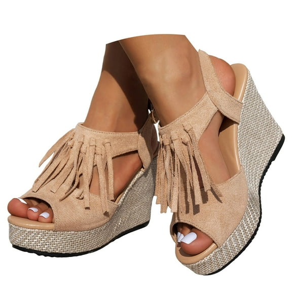 Mepaouo Women's Platform Wedge Sandals Open Toe Tassel Summer Shoes Comfortable Dressy Casual Sandal
