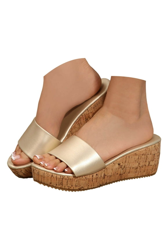 Women's Platform Wedge Sandals Summer Open Toe Slip on Slides Cork Heeled Casual Walking Shoes