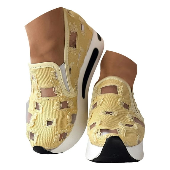 Mepaouo Women's Platform Wedge Slip on Loafers Comfortable Hollow out Canvas Shoes Walking Work Sneakers