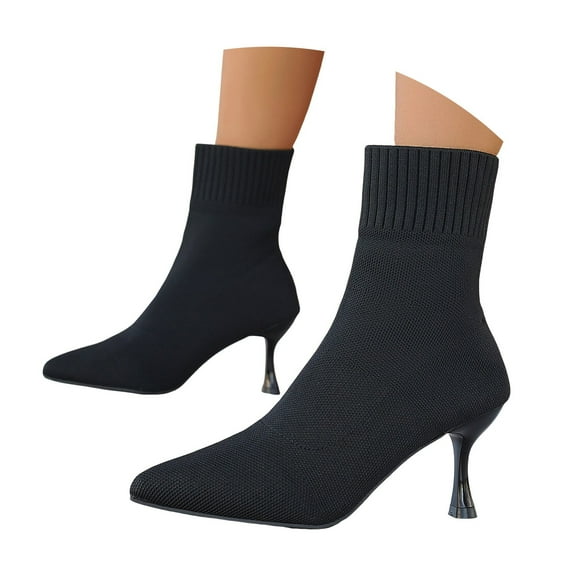 Mepaouo Women's Pointed Toe Ankle Boots Stiletto Kitten Heel Knit Suede Winter Sock Booties(Black,5.5)