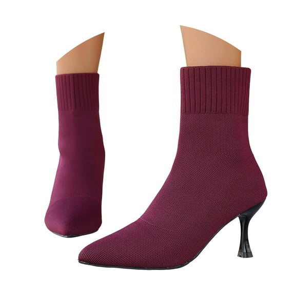 Mepaouo Women's Pointed Toe Ankle Boots Stiletto Kitten Heel Knit Suede Winter Sock Booties(Red,9.5)