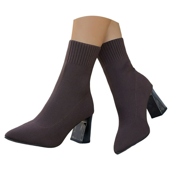 Mepaouo Women's Pointed Toe Sock Booties Stretch Mid Calf Ankle Boots Block Heel Chelsea Dress Pumps Shoes
