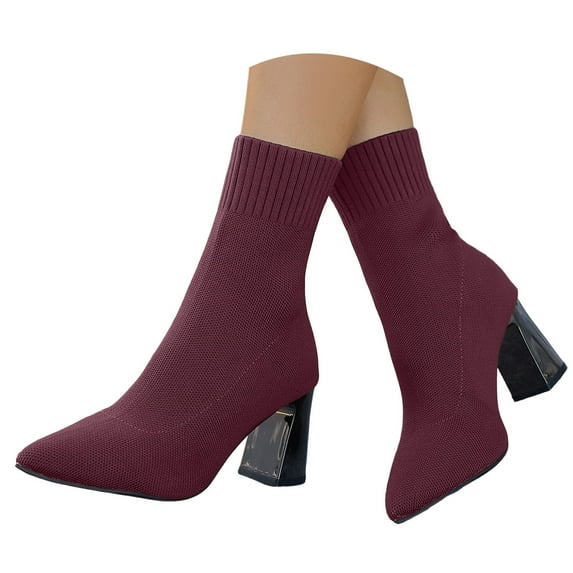 Mepaouo Women's Pointed Toe Sock Booties Stretch Mid Calf Ankle Boots Block Heel Chelsea Dress Pumps Shoes