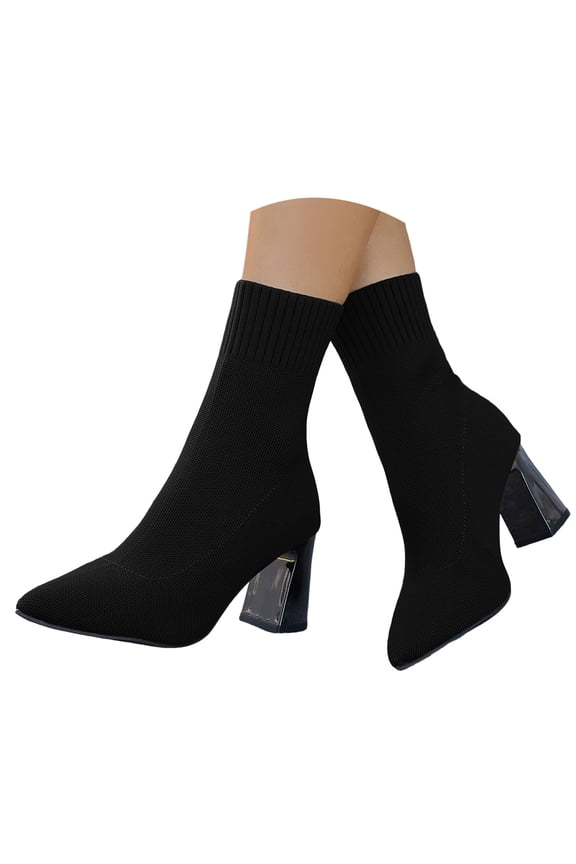 Women's Pointed Toe Sock Booties Stretch Mid Calf Ankle Boots Block Heel Chelsea Dress Pumps Shoes
