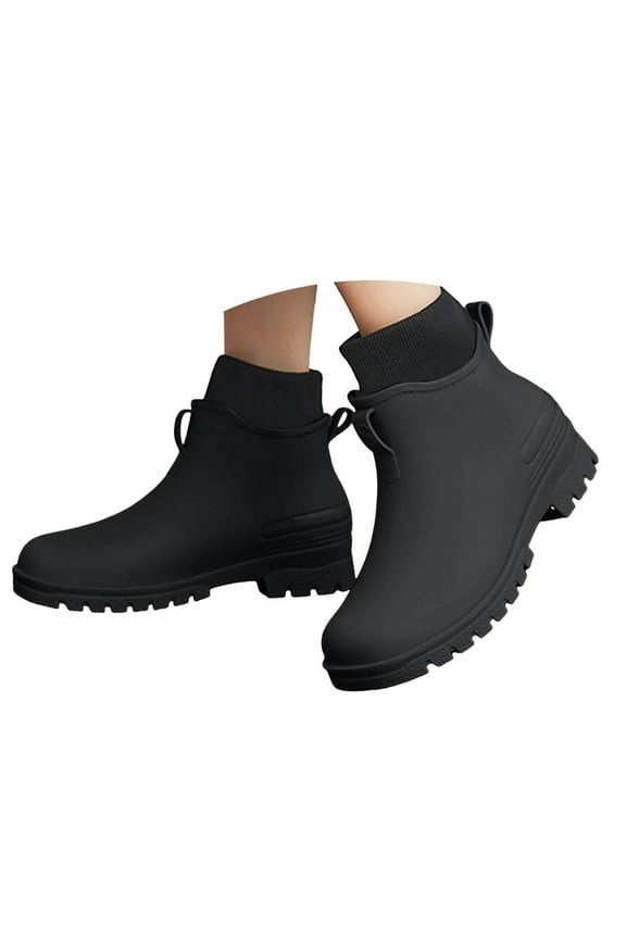 Women's Rain Boots Waterproof Rubber Stretch Ankle Rainboots Slip on Garden Work Shoes(Black,5.5)