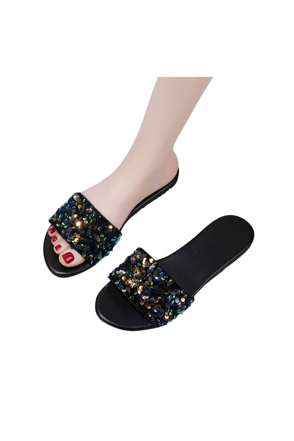 Women's Rhinestone Flat Sandals Round Open Toe Sequin Band Slide Summer Dressy Shoe Size 7.5