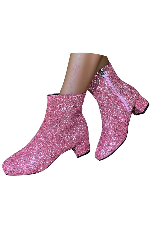 Women's Rhinestone Sparkly Ankle Boots Round Toe Heel Dress Booties Comfy Chelsea Boots