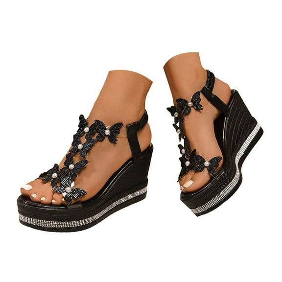 Mepaouo Women's Rhinestone Wedge Sandals Elastic Ankle Strap Platform Shoes Butterfly Casual Sandals