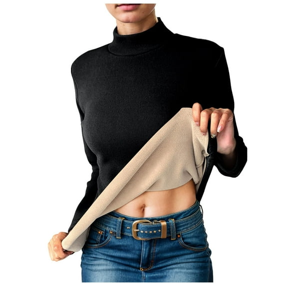 Mepaouo Women's Ribbed Turtleneck Shirts Fleece Lined Fitted Long Sleeve Winter Thermal Tops(Black,M)