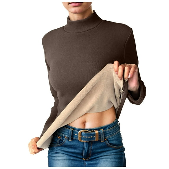 Mepaouo Women's Ribbed Turtleneck Shirts Fleece Lined Fitted Long Sleeve Winter Thermal Tops(Coffee,M)