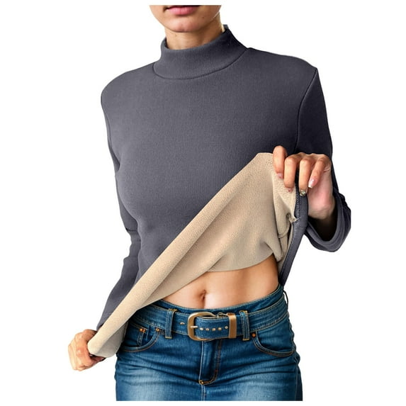 Mepaouo Women's Ribbed Turtleneck Shirts Fleece Lined Fitted Long Sleeve Winter Thermal Tops(Gray,2XL)