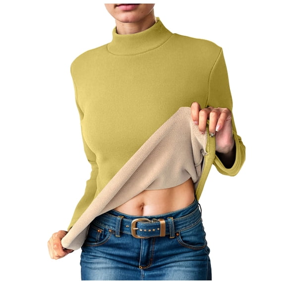 Mepaouo Women's Ribbed Turtleneck Shirts Fleece Lined Fitted Long Sleeve Winter Thermal Tops(Yellow,M)