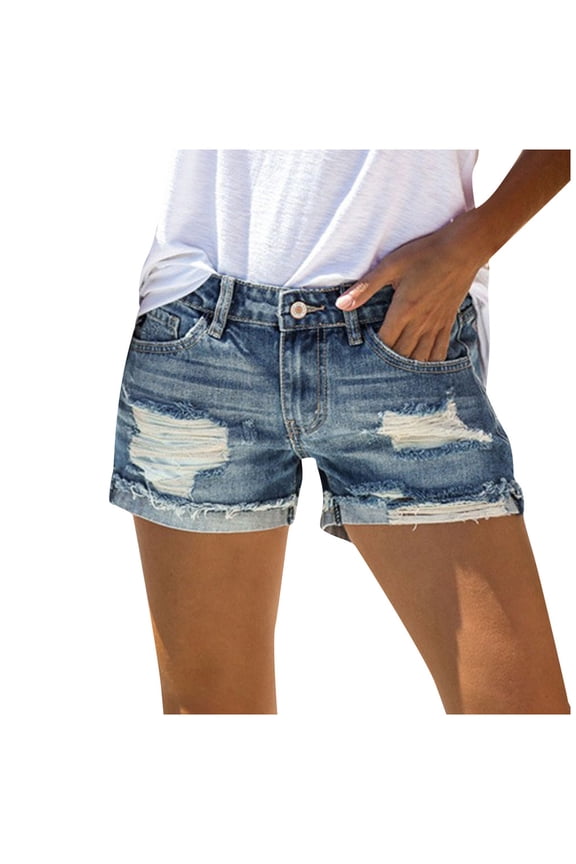 Women's Ripped Denim Shorts Mid Rise Distressed Stretchy Short Jeans Pants with Pockets