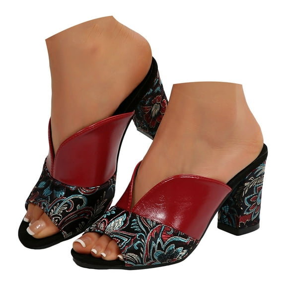 Mepaouo Women's Sandals Peep Toe Slides Chunky Heel Mules Single Band Summer Dressy Slip on Shoes